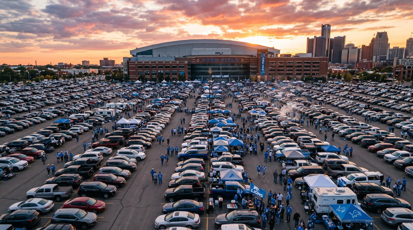 Packed stadium parking lot at golden hour