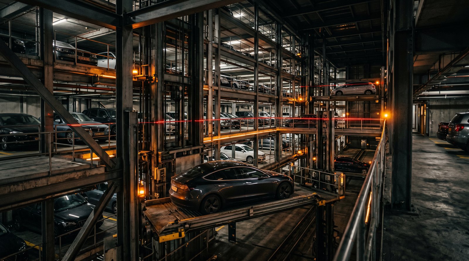 Multi-level mechanical parking system with cars on lifts